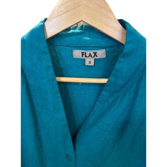 Vintage FLAX Jeanne Engelhart Emerald Linen 3/4 Sleeve Shoulder Pad Boho MEDIUM - Picture 3 of 12